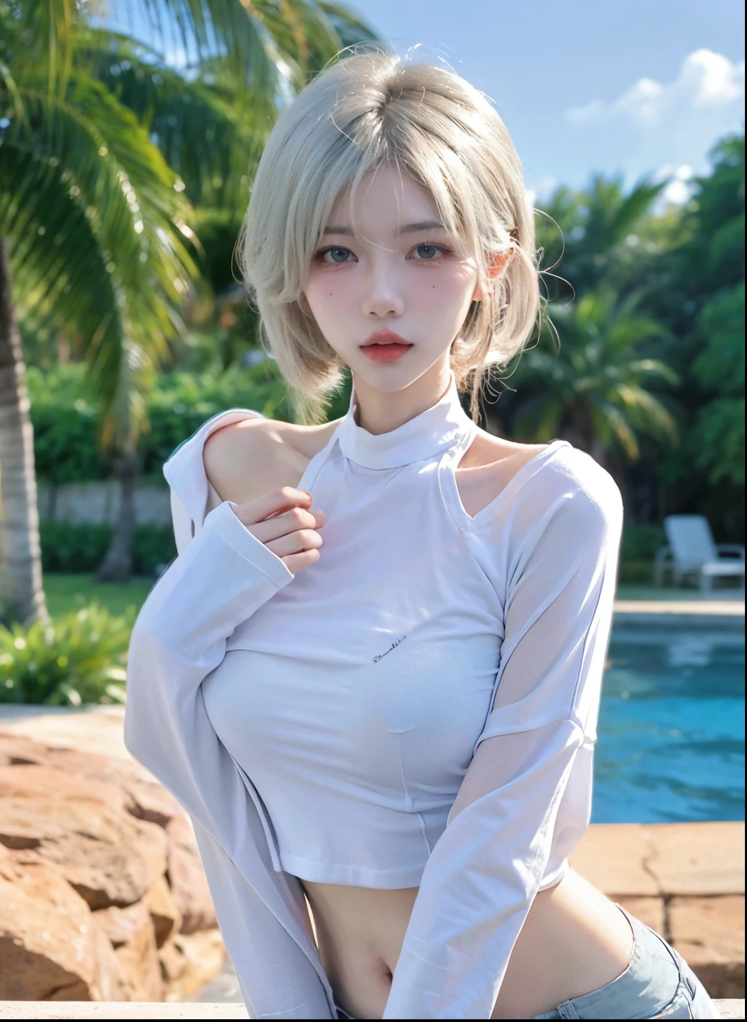 Beautiful woman with perfect figure:1.4，Desert Background，Desert Background，Ultra-high resolution，Seductive laughter，wear glasses，（lifelike：1.4），Layered Hairstyle，White皮肤，Super short pleated skirt，whole body，Very delicate face and skin texture，Double eyelids，Skin Whitening，Long hair，White hair，White，