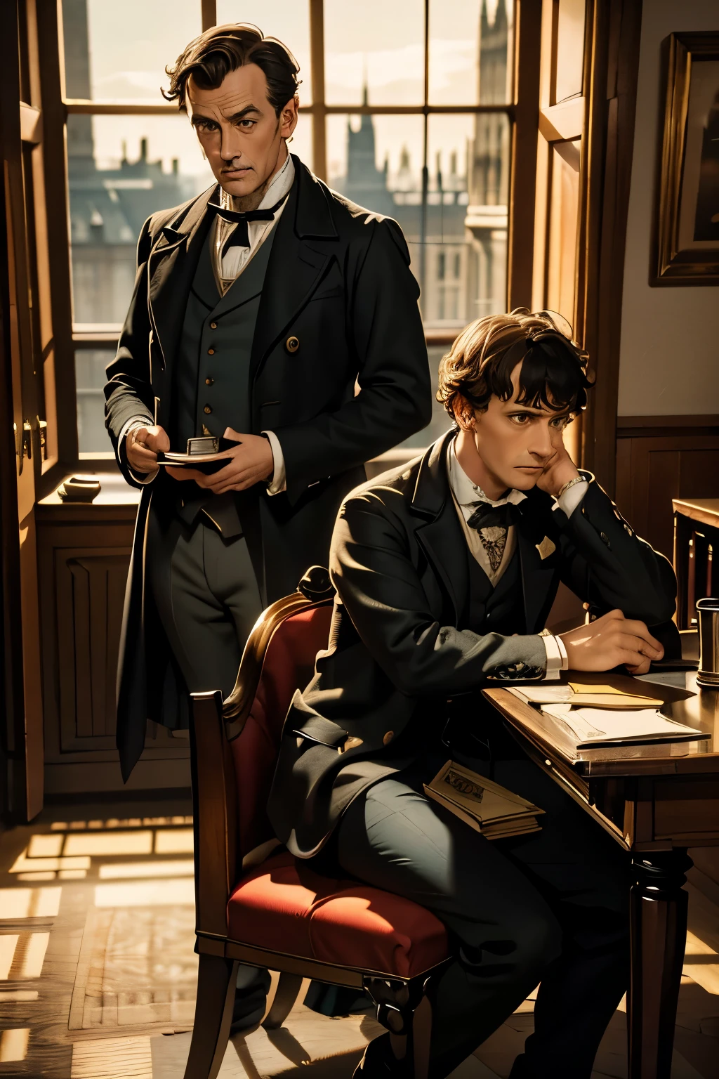 the famous detectives Sherlock Holmes and Doctor Watson examine a mystery box, mystery film scene, mystery, room with simple furniture from the Victorian era, from a window you can see London at night in the Victorian era.