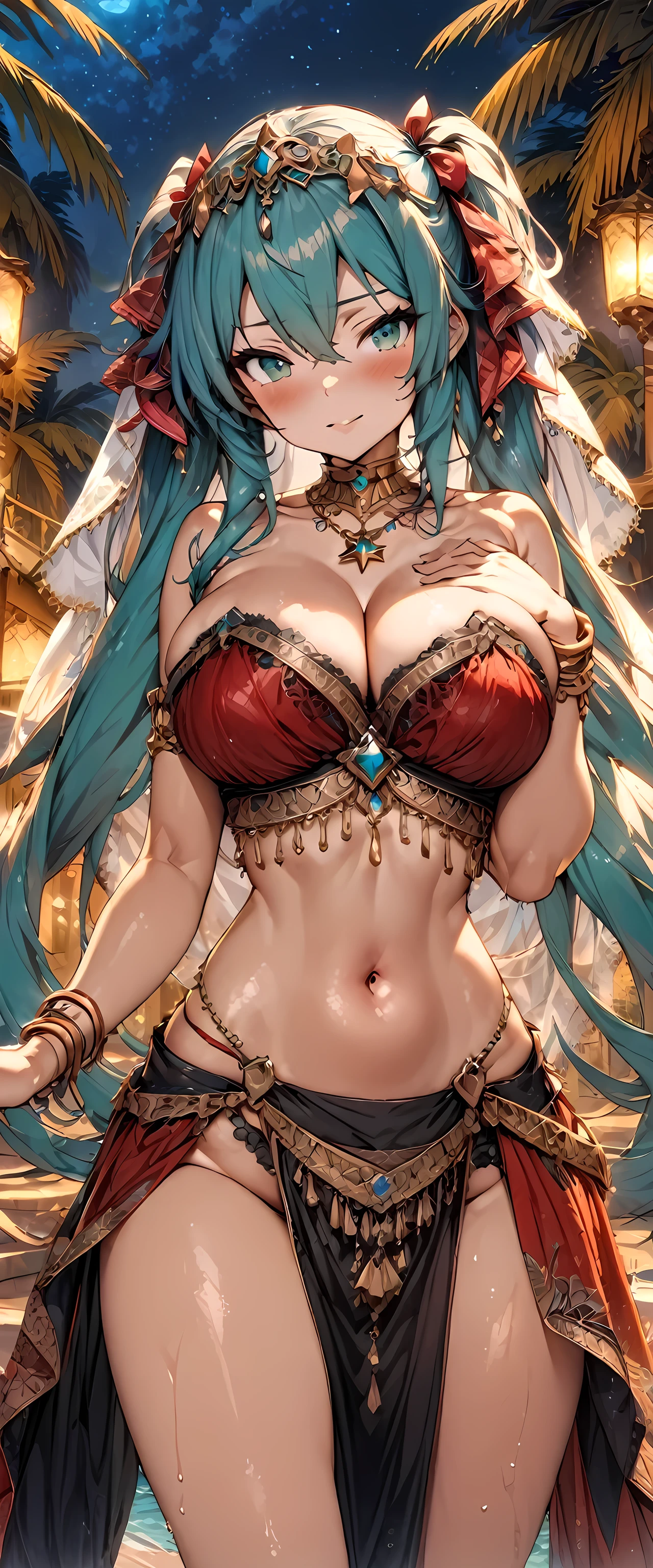 (masterpiece), (highest quality), (illustration), (super detailed), (high resolution), absurdity, 1girl, hatsune miku, vocaloid,seductive smile,blush,strap gap,pelvic curtain,night,desert oasis,standing,looking at viewer,cleavage,hair ribbons,star necklace,bangles,cowboy shot,right hand on chest,(outstretched left hand to viewer:1.2), ornate red clothes,(strapless top:1.4),circlet, dancer veil, jewelry, navel,harem outfit,wet,bimbo