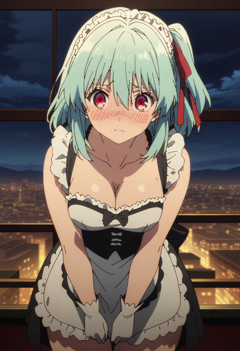 cel-shaded, 1990s_anime, detailed, high quality, masterpiece, best quality, very aesthetic, absurdres, anime screencap, miku. 1girl, solo, (red eyes:1.5), detailed eyes, light blue hair, medium hair, one side up , bangs, hair between eyes, hair ribbons, maid uniform, white apron, white gloves, black shoes, thighs, medium breasts, blush, borrowed, embarrassed, sexy, collarbone, cleavage, ((cowboy shot)), ((from front)), window, city, sky, clouds, night, (v), (looking at viewer:1.0)