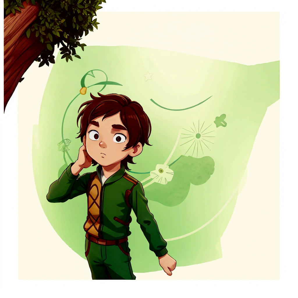 cartoon character, brown hair boy, technological clothing, thinking pose, green screen background
