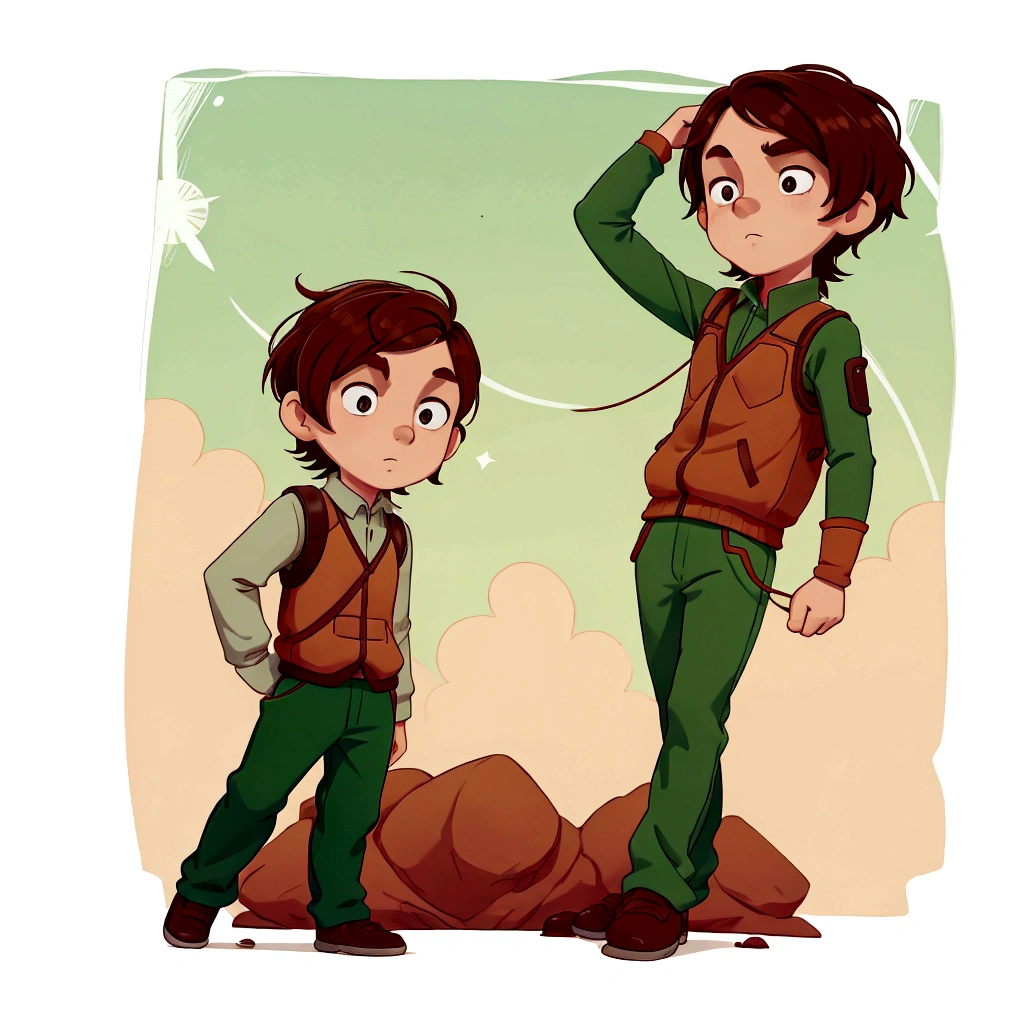 cartoon character, brown hair boy, technological clothing, thinking pose, green screen background