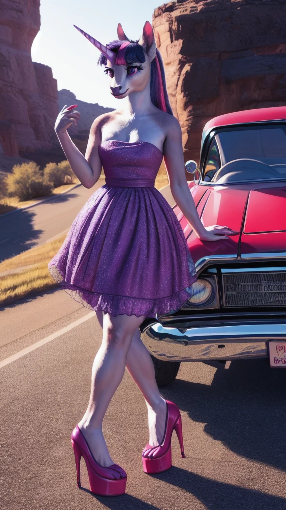 1girl,anthro unicorn pony,twilight sparkle, light purple fur,pink strapless dress,historic route 66, road, arizona,pink and white 1959 chevy bel air,detailed hands and feet,high heels,vivid colors,studio lighting,extreme detail description,(best quality,4k,8k,highres,masterpiece:1.2),ultra-detailed,(realistic,photorealistic,photo-realistic:1.37)