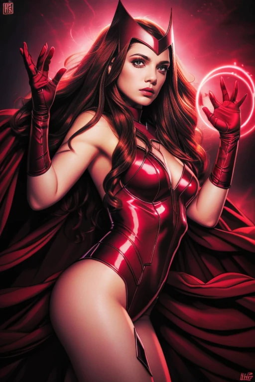 best quality,ultra-detailed,realistic,sexy scarlet witch,beautiful detailed eyes, beautiful detailed lips, long red hair, witch costume, glowing magical powers, intense gaze, confident posture, dark and mysterious background, vibrant colors, enchanting art style, dramatic lighting