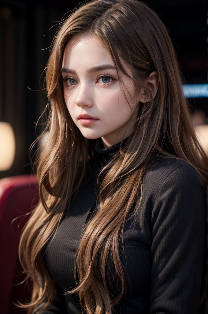 Create a super realistic image of a beautiful young woman, long wavy hair, dark blonde hair, rosy cheeks, dark brown eyes, black outfit, elegant pose, high quality image, super realistic, 8k quality, ultra realistic, movie theater
