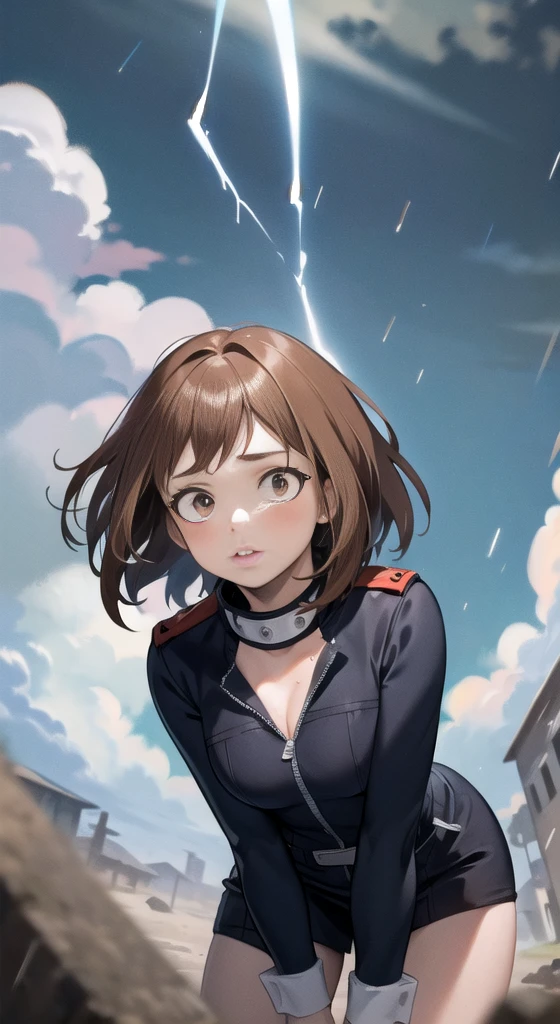 (Masterpiece, Best Quality, detailed), 1 girl, Alone, looking at the viewer, Ochako Uraraka, Brown hair, Brown eyes, short hair, blush stickers, Edgcommissar, military uniform, charreteras, ((artificial eye)), skull emblem, has, wearing Edgcommissar, outdoor, lightning, rain, cloudy sky, wet, storm, wind, Leaning forward, hanging breasts, Chapped lips