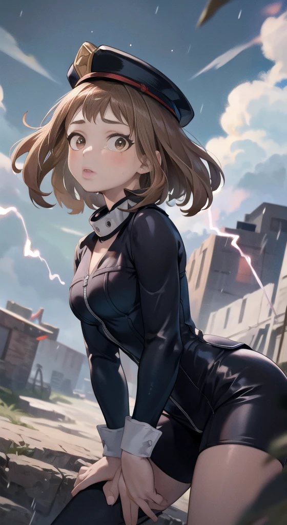 (Masterpiece, Best Quality, detailed), 1 girl, Alone, looking at the viewer, Ochako Uraraka, Brown hair, Brown eyes, short hair, blush stickers, Edgcommissar, military uniform, charreteras, ((artificial eye)), skull emblem, has, wearing Edgcommissar, outdoor, lightning, rain, cloudy sky, wet, storm, wind, Leaning forward, hanging breasts, Chapped lips