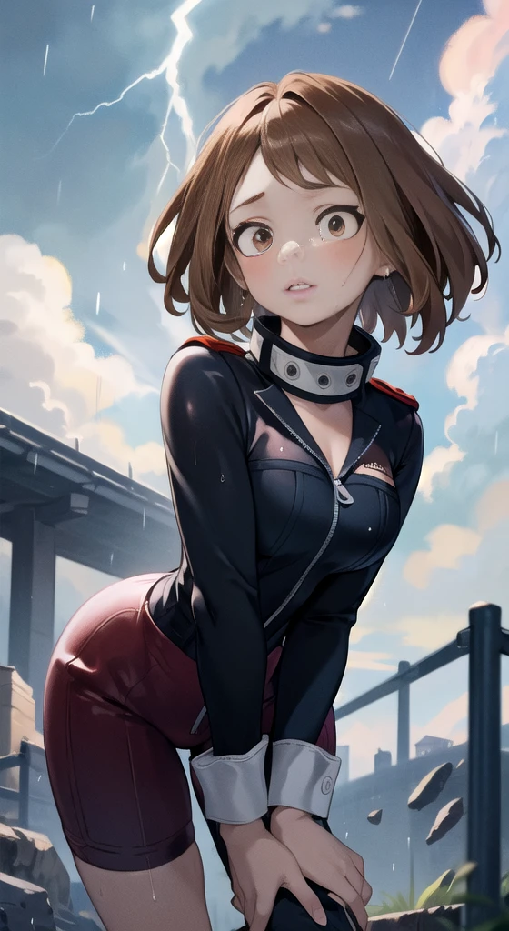 (Masterpiece, Best Quality, detailed), 1 girl, Alone, looking at the viewer, Ochako Uraraka, Brown hair, Brown eyes, short hair, blush stickers, Edgcommissar, military uniform, charreteras, ((artificial eye)), skull emblem, has, wearing Edgcommissar, outdoor, lightning, rain, cloudy sky, wet, storm, wind, Leaning forward, hanging breasts, Chapped lips