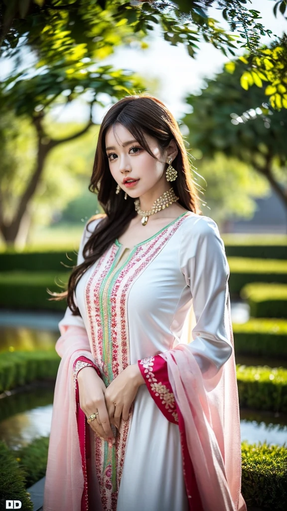 (((HD photo))), ultra high res.photorealistic:. 1.4, UHD a woman in a beautiful garden, wearing a traditional shalwar kameez dress, standing gracefully with a serene expression. The woman has almond-shaped eyes with long eyelashes and perfectly shaped eyebrows. Her lips are full and delicately detailed, adding to her beauty. The shalwar kameez dress is made of fine silk fabric with intricate embroidery, displaying vibrant colors and patterns. The garden is filled with blooming flowers, lush green trees, and a tranquil pond. The sunlight gently filters through the foliage, casting a warm and soft glow on the scene. The image is of the highest quality, with ultra-detailed textures and realistic rendering. The colors are vivid and vibrant, creating a visually stunning masterpiece.