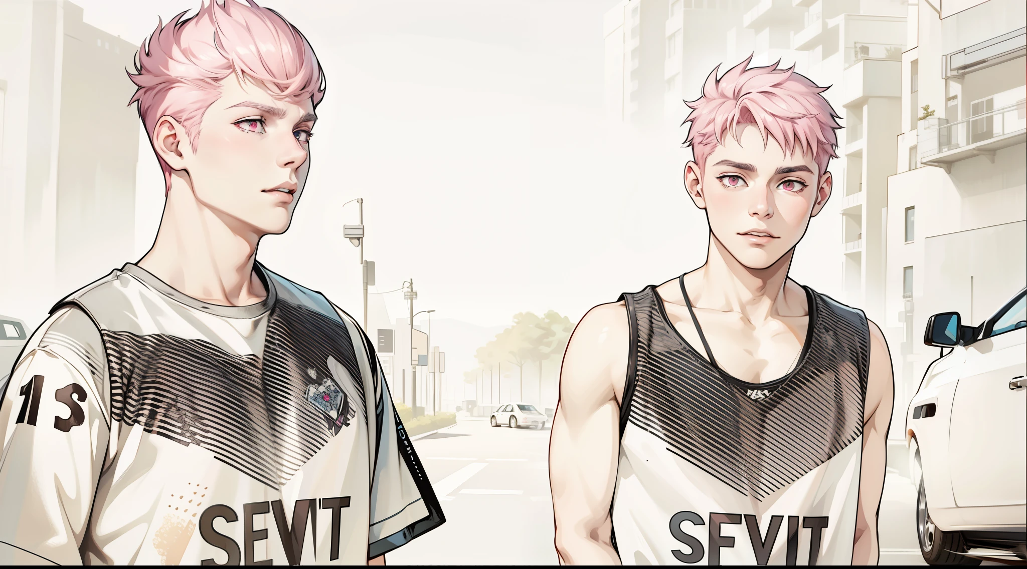 two boys with pink hair, pink eyes, they are 18 years old, in the background you can see the avenue with vehicles passing by.