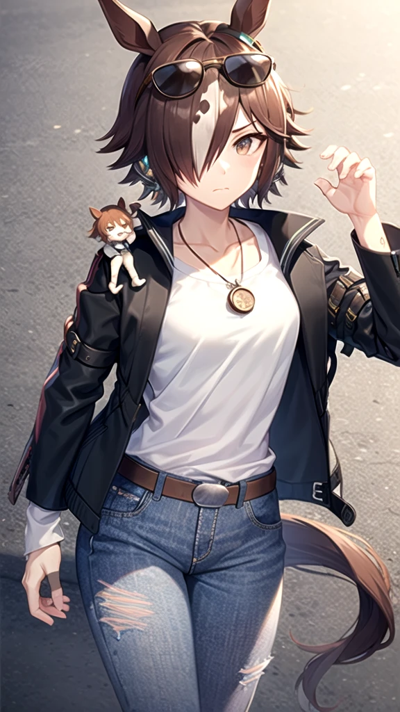 masterpiece, best quality, 
vodka \(umamusume\), 
white shirt, jacket on shoulders, black jacket, leather jacket, sunglasses, eyewear on head, 
jewelry, belt, necklace, torn pants,  fingerless gloves, torn jeans, closed mouth, black gloves, sleeveless