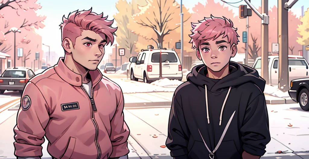 two boys with pink hair, pink eyes, they are 18 years old, in the background you can see the avenue with vehicles passing by.