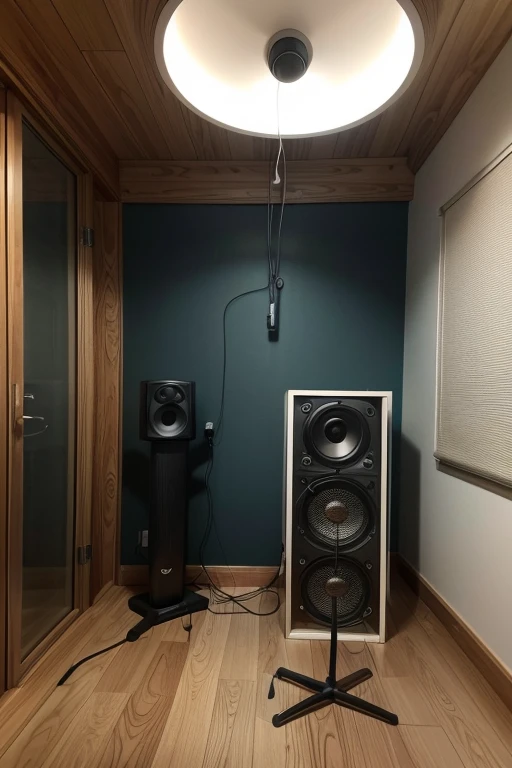 Draw the interior of an anti echo dubbing room, with a microphone hanging
