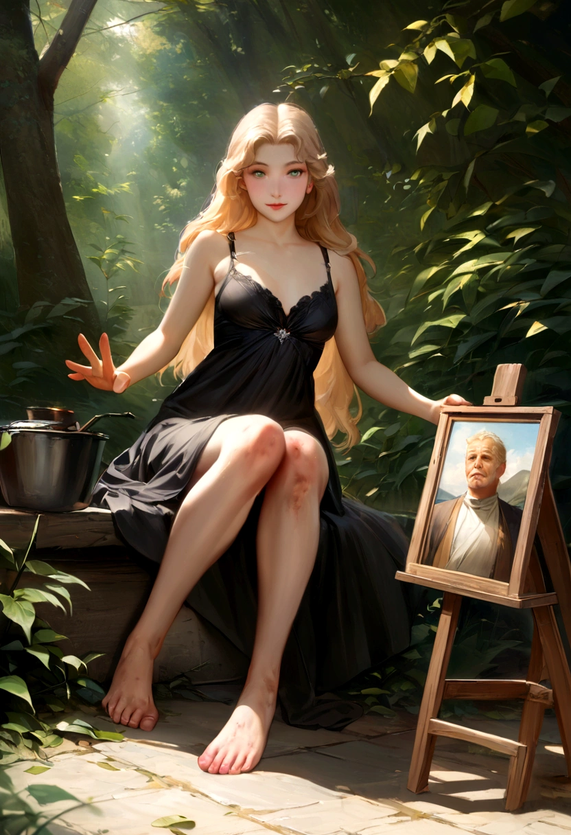 Hyperrealism, 135mm, Nikon, Chiaroscuro, Cinema Lighting, Divine Light, Cast a Shadow, Dutch Golden Age Painting, hyperrealism, realism, neoclassicism, 超High resolution, retina, masterpiece, Accurate, Super Detail, High detail, high quality , Awardsのある, 最high quality, High resolution, 4K, Ultra-realisticな画像, whole body, Bright light, Painting of two girls sitting on the ground in a wooded area, an art Painting by William-Adolphe bouguereau, Shutterstock, Fine Art, Guilherme bouguereau, Guilherme Adolfo bouguereau, bouguereau, Guilherme Adolfo bouguereau, Lois van Baarle and bouguereau, bouguereau and Bowater (最high quality, Ultra-realistic: 1.2), whole body, High resolution, Super detailed, 1 Girl, barefoot, Blonde, cosplay photograph, Doug, Concentration , lips, Motion Blur, photograph_ (Moderate) Long Hair, smile, Painting_ (Moderate), leaf, Dirty feet, sign, whole body, Outstretched arms, Sleeveless dress, whole body, Holding, Green Eyes, 超High resolution, retina, masterpiece, Accurate, Anatomically correct, Textured skin, Super detailed, High details, high quality, Awards, 最high quality, High resolution, 4K, William Adolphe bouguereau style.Sexy Costumes,Thin underwear