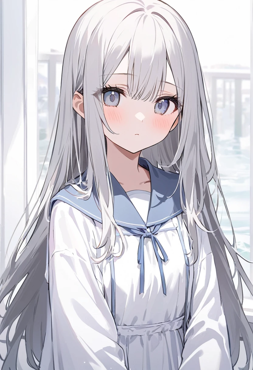 white色、white、Girl、灰色がかったwhite色の髪、white色の灰色がかった髪、髪がwhite、Grayish colored hair、Long Hair、目の色はwhite色、whiteの目、white色の目、目の色が全てwhite、全体的にwhite色のGirl、white色のGirl、背景がwhite、white色の背景、white色の部屋、There are highlights on the eyes、Emotionless、Expressionless、get up、good morning、Happened