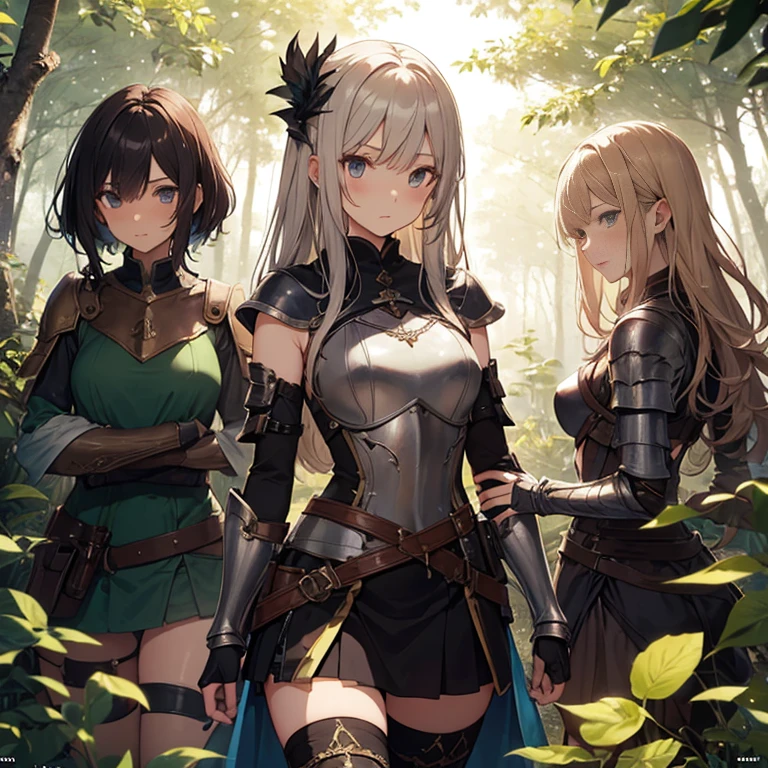 A group of  female knights, (in forest), various hair styles, metal armor, harem, shorts, seducing, beautiful face, detailed face