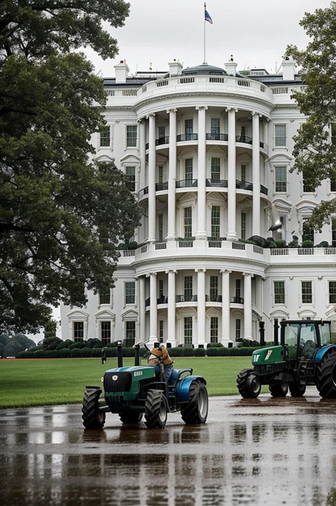 A dog on a tractor drilling the white house on a rainy day