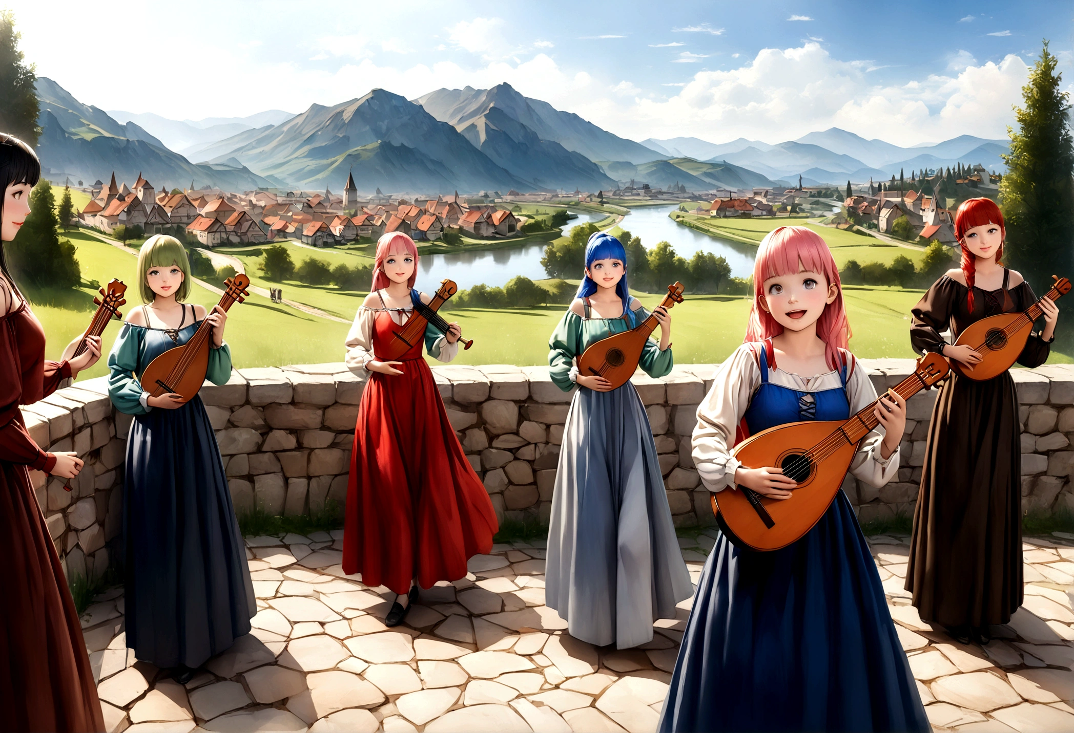 (((Top quality, 4k, 8k, high resolution, masterpiece: 1.2))), (super detailed), (realistic), (photorealistic), (photorealistic: 1.37), (HDR, UHD), (studio (lighting)), ultra-fine drawing, sharp focus, physically based rendering, highly detailed, professional, vibrant colors, perfect ditaile hand, highly detailed realistic eyes, girl, one girl, multiple girls, A lot of girls, smile, open mouth, close mouth, short hair, medium hair, medium length, long hair, ponytail, red hair, blue hair, blonde hair, green hair, pink hair, medieval European clothing, Citizen's Clothing from Medieval Europe, miniskirt, mid-length skirt, long skirt, chinos pants, (((playing the lute, Dancing Girls))), Medieval European town, Countryside, Medieval European rural village, Rural grassland, Mountain view, Rural river, Irrigation canal, anime, cartoon, kawaii, qute, (((Long shot, Panorama, Distant view, Vast landscape))), knees, feet, looking at viewer,