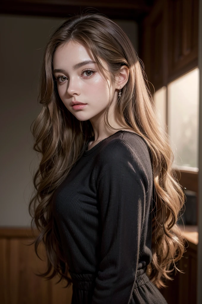 ((melhor qualidade)), ((Obra de arte)), (detalhado), Create a super realistic image of a beautiful young woman, long wavy hair, dark blonde hair, rosy cheeks, dark brown eyes, black outfit, elegant pose, high quality image, super realistic, 8k quality, ultra realistic