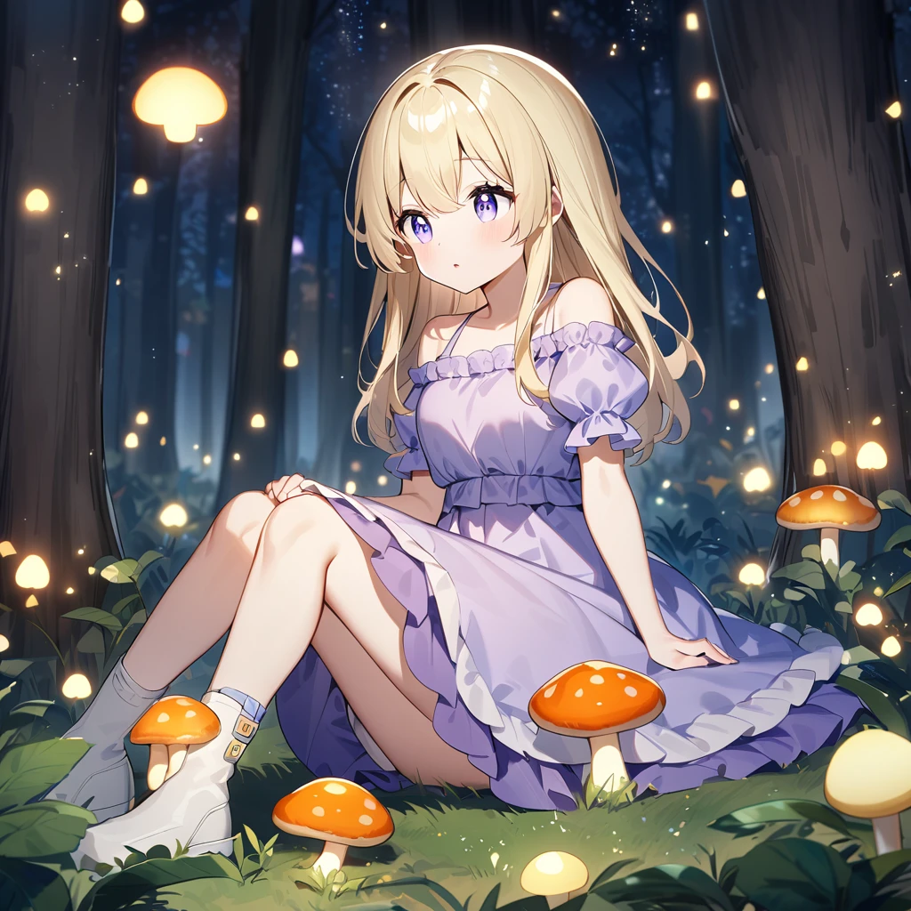 A light blonde haired anime girl with pale blue purple eyes、Wearing a pink off-the-shoulder puffy sleeve dress and knee-length white boots、Under the stars、Sitting in the woods next to an orange mushroom surrounded by fireflies。  