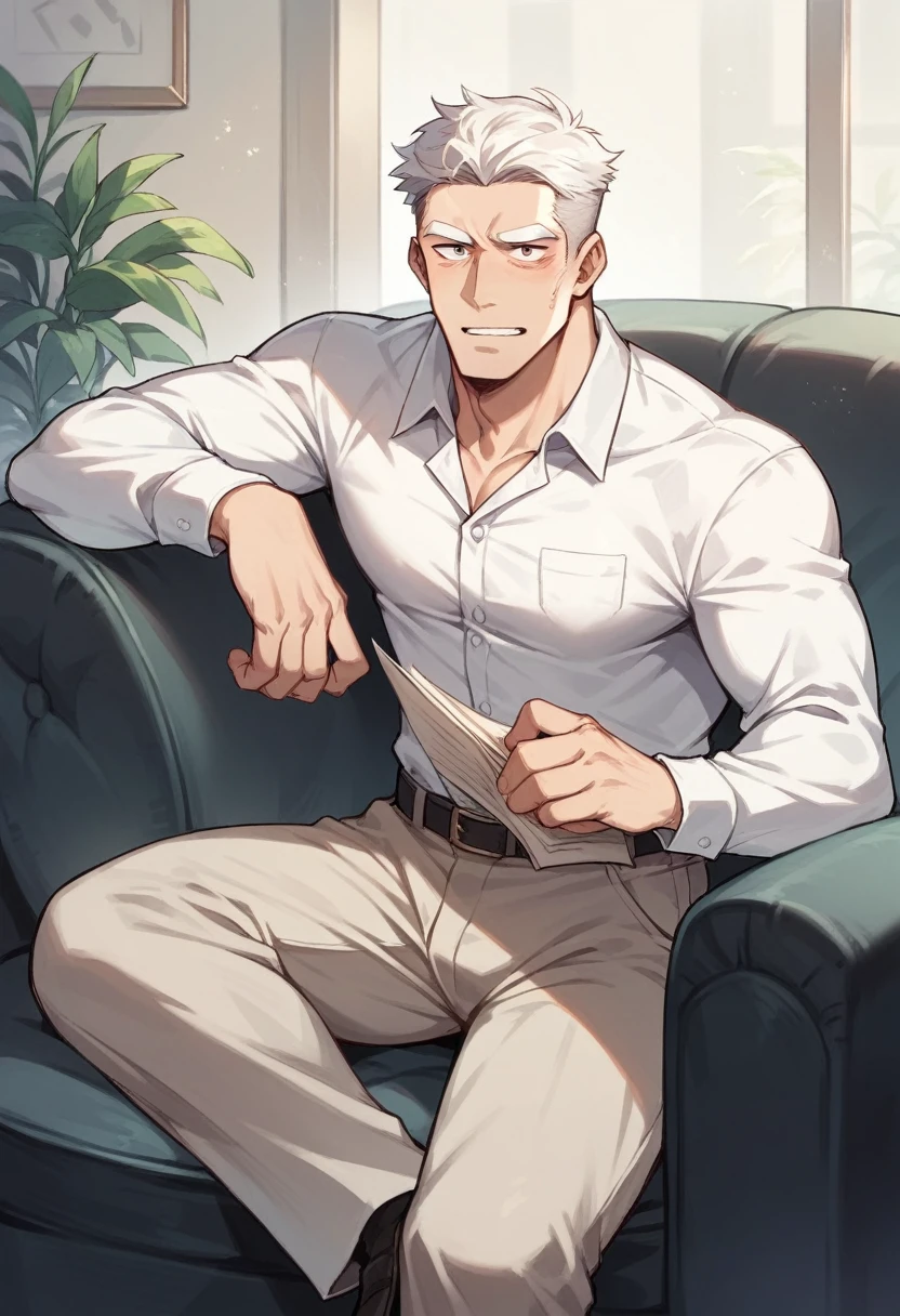 Black Bull,personification,Mature male,Strong Man,Enthusiastic expression,Black pupil,Light white eyebrows,Sitting on the sofa,office。