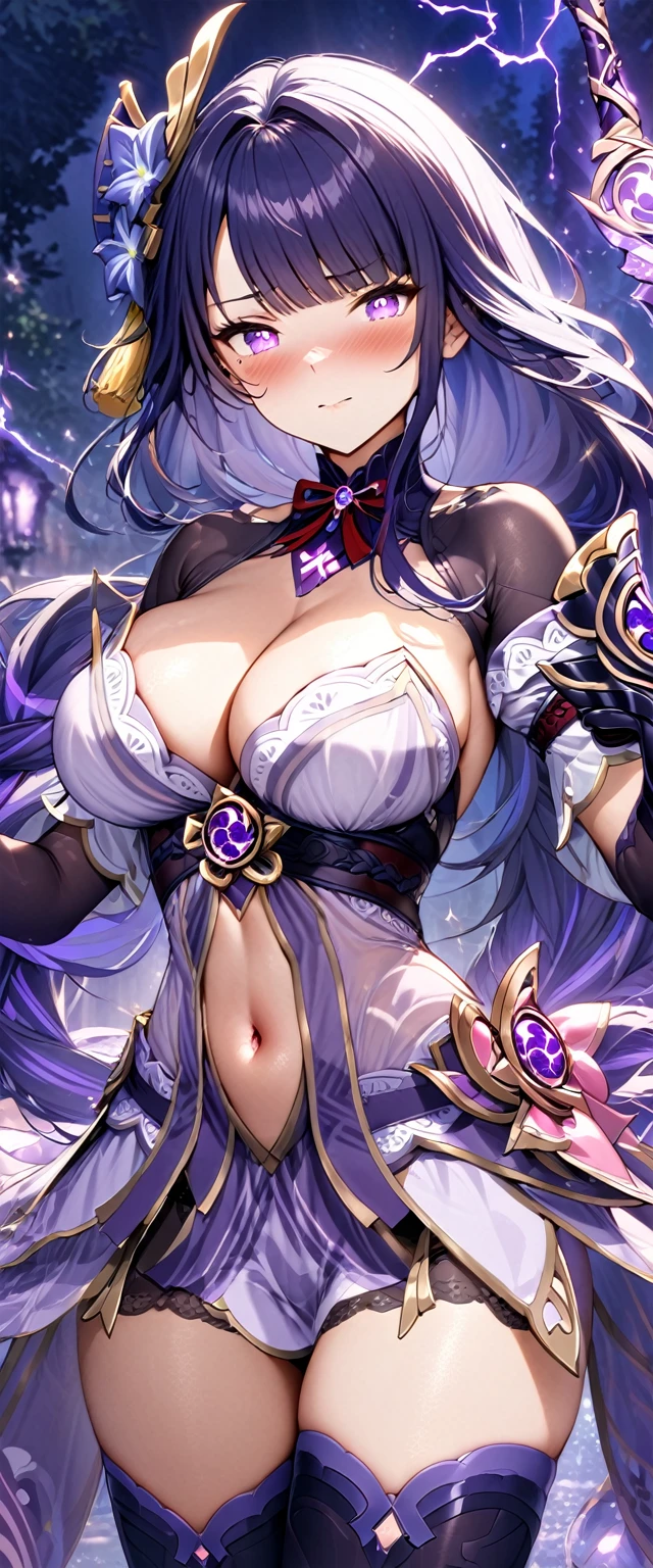 (masterpiece), best quality, expressive eyes, perfect face,1girl,raiden shogun,genshin impact,japanese garden,lightning in the air,(purple magic wand),holding,holding wand,shy smile,blush,cowboy shot,glowing eyes,big breasts,cleavage,bare shoulder,(magical girl:1.6),(harem outfit),navel,pelvic curtain,detached sleeves,thighhigh stockings,studio lighting,(sparkle:0.9),(glitter:0.9),alternative costume