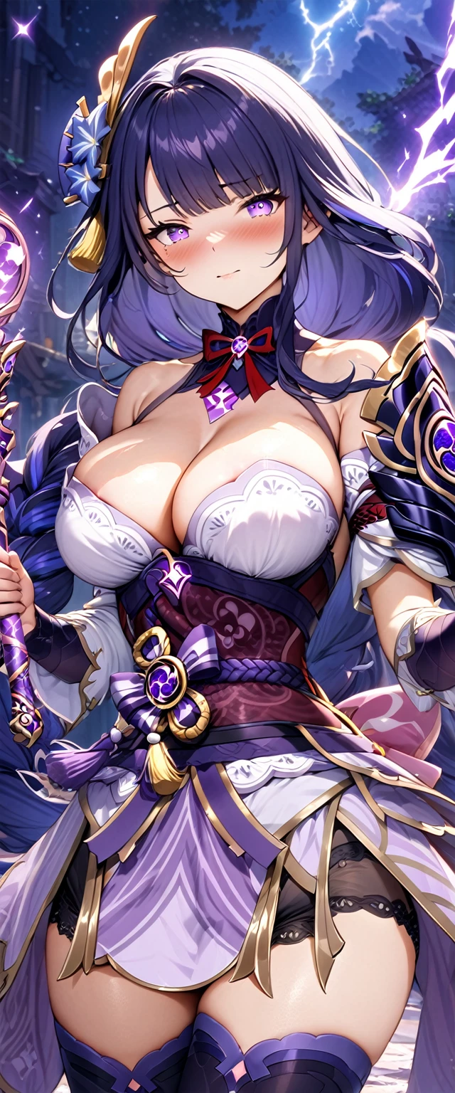 (masterpiece), best quality, expressive eyes, perfect face,1girl,raiden shogun,genshin impact,japanese garden,lightning in the air,(purple magic wand),holding,holding wand,shy smile,blush,cowboy shot,glowing eyes,big breasts,cleavage,bare shoulder,(magical girl:1.6),(harem outfit),navel,pelvic curtain,detached sleeves,thighhigh stockings,studio lighting,(sparkle:0.9),(glitter:0.9),alternative costume