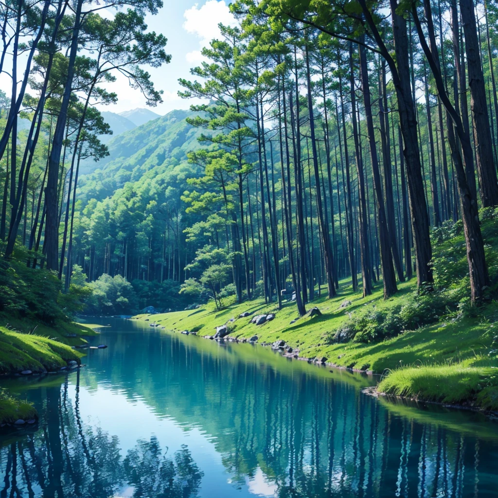 Deep in the forest there is a deep blue lake、It's so clear you can see the bottom、You can see a cave in the distance