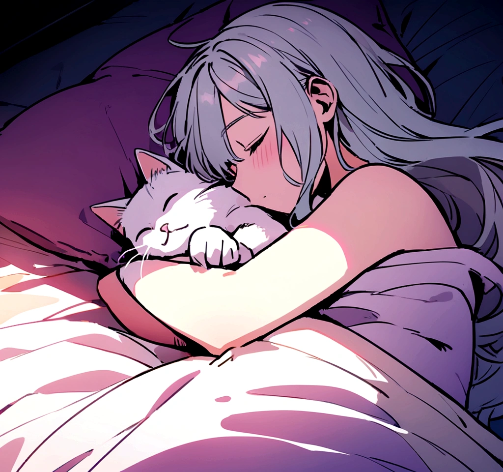 hug my cat in bed, while we sleep hugging and covering ourselves with the colored sheet