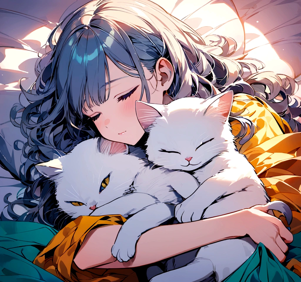 hug my cat in bed, while we sleep hugging and covering ourselves with the colored sheet