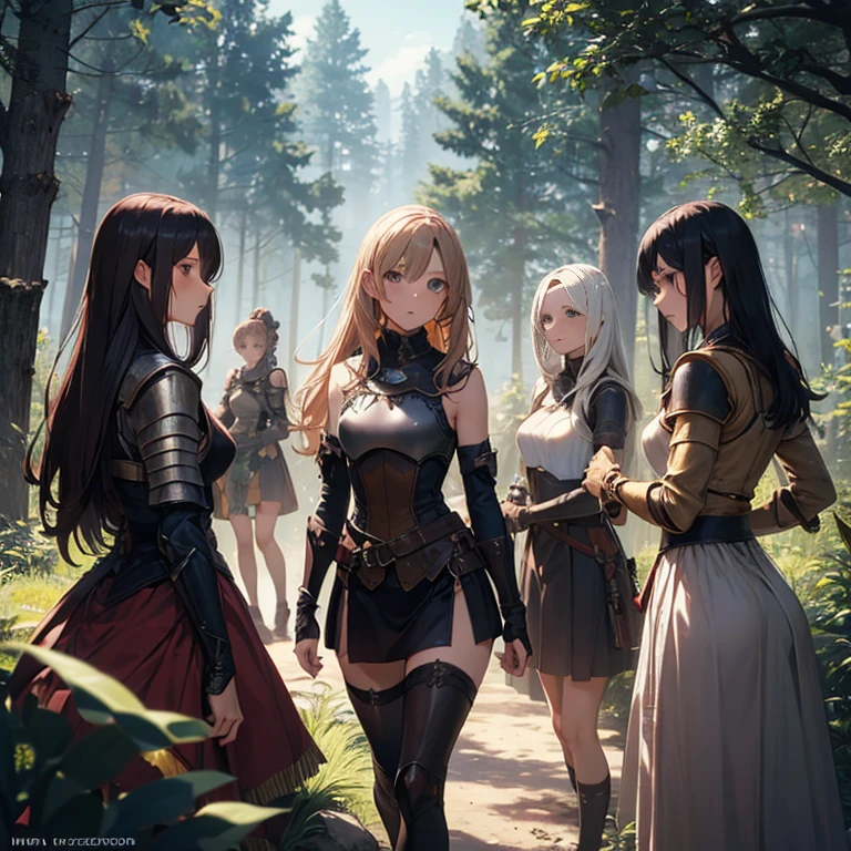 A group of  female medieval fantasy adventurers, (in forest), various hair styles, harem, night, details face, short skirt, seducing, sleeveless, armor 