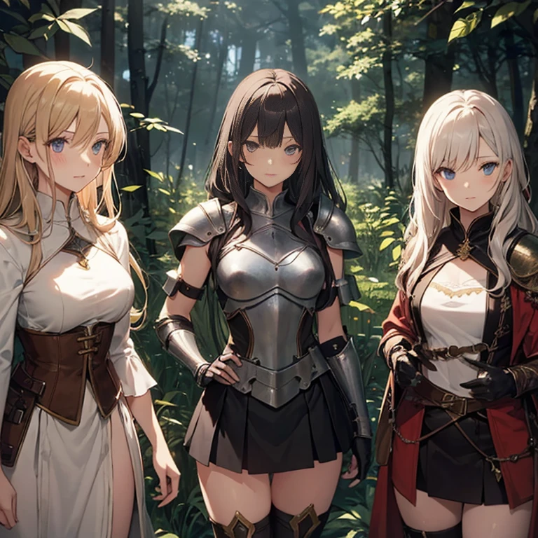 A group of female medieval fantasy adventurers, (in forest), various hair styles, harem, night, details face, short skirt, seducing, sleeveless, armor