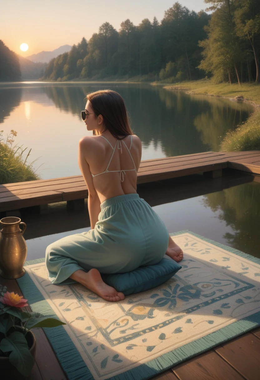 A woman filmed with her back facing the sunrise in a meditative position with nature and a calm lake around her, the woman is sitting on a rug and a cushion on a wooden pier, a color palette s]in shades of blue and yellow.. ultra realistic image,