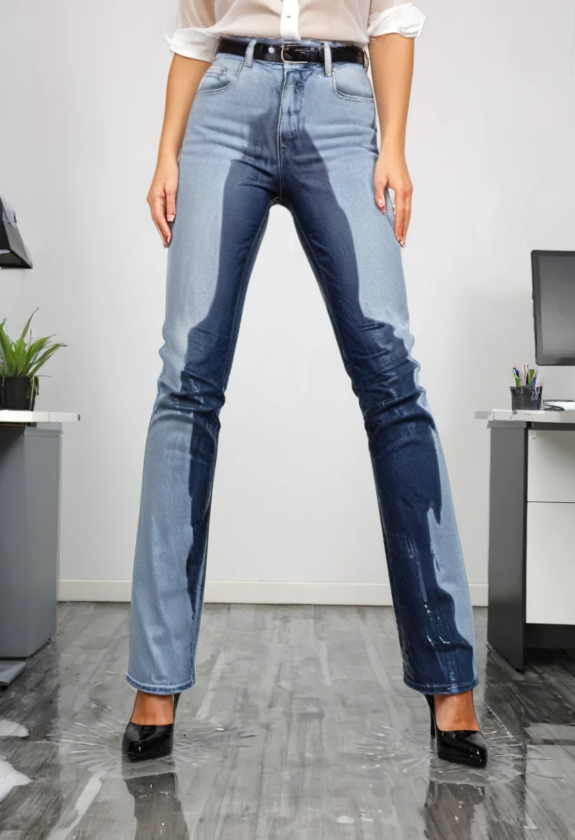 attractive blonde woman wearing flared leg jeans, platform pumps, white blouse, standing in an office,  wetting, big smile, pee stains are gleaming wet, jeans soaked with pee