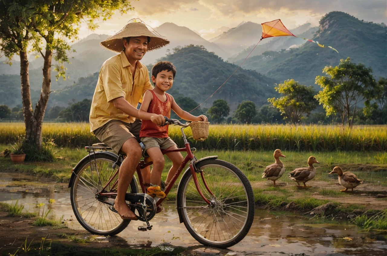 A captivating and vibrant acrylic painting that transports you to the serene Indonesian countryside. In the foreground, a father and his young son ride an old bicycle, with the father donning a yellowish shirt, brown shorts, and a conical hat, and the son sporting a red worn tank top, dirty shorts, and a radiant smile as he holds a string connected to a flying kite. The background showcases rolling mountains and trees, with golden evening sunlight bathing the scene in a warm, inviting glow. The playful brown ducks foraging in the rice fields add a touch of liveliness to the idyllic setting. The visible brushstrokes lend an authentic charm to the painting, encapsulating the essence of family bonding and a peaceful rural atmosphere., painting