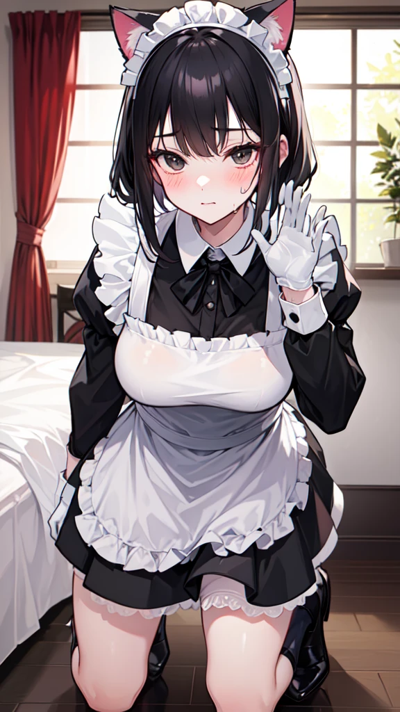 18-year-old boy,cute,Wear the maid outfit and a black work tie,Wear a maid hat,Wear cat ears,Wear black pants,Wear black booties,Wear white gloves,Black hair,Black eyes,blush,sweat,porn pose