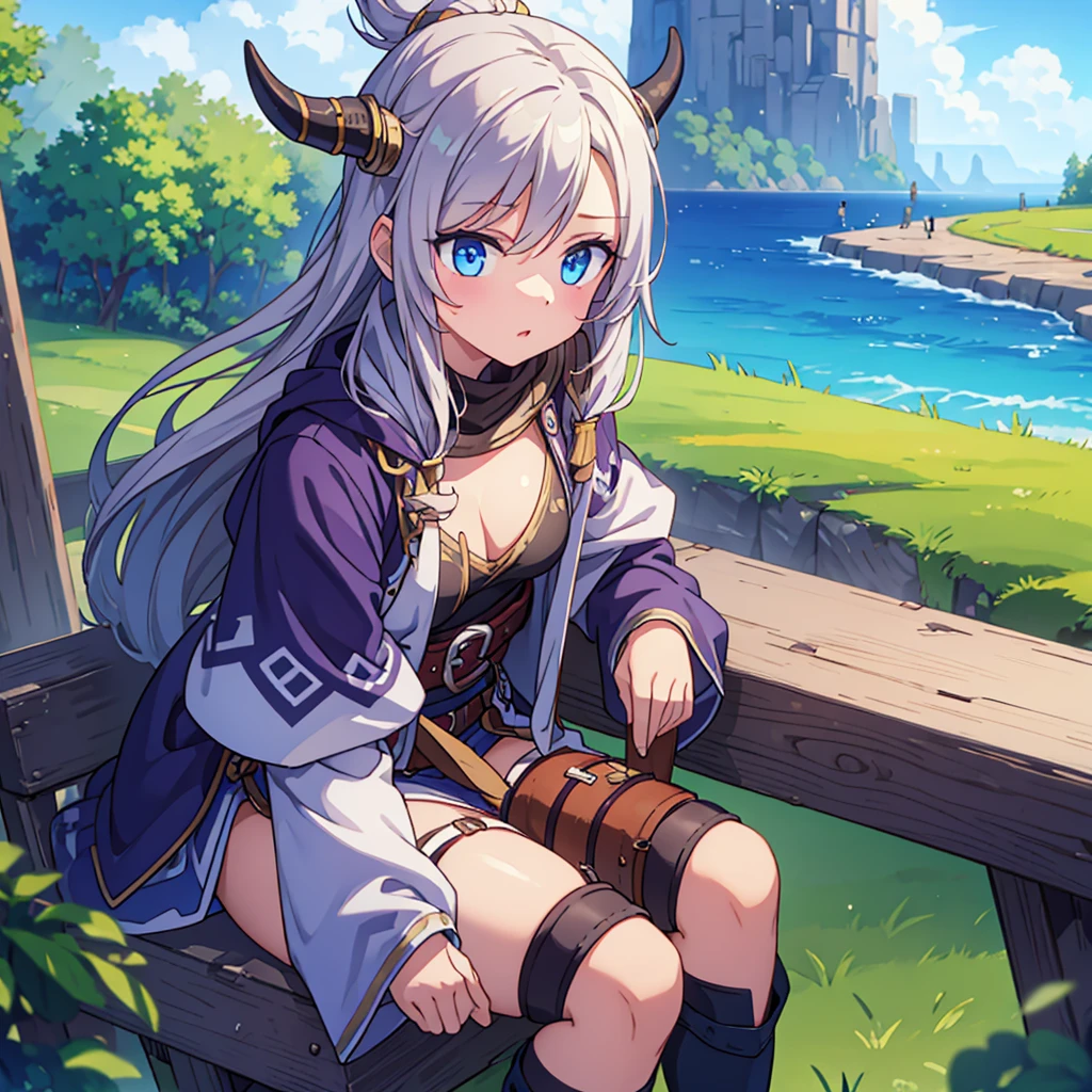 viking woman blowing a vikings horn outdoors