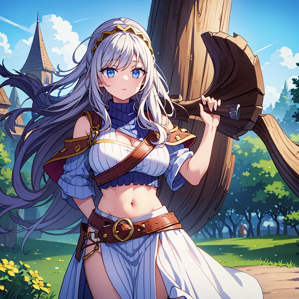 viking woman blowing a vikings horn outdoors