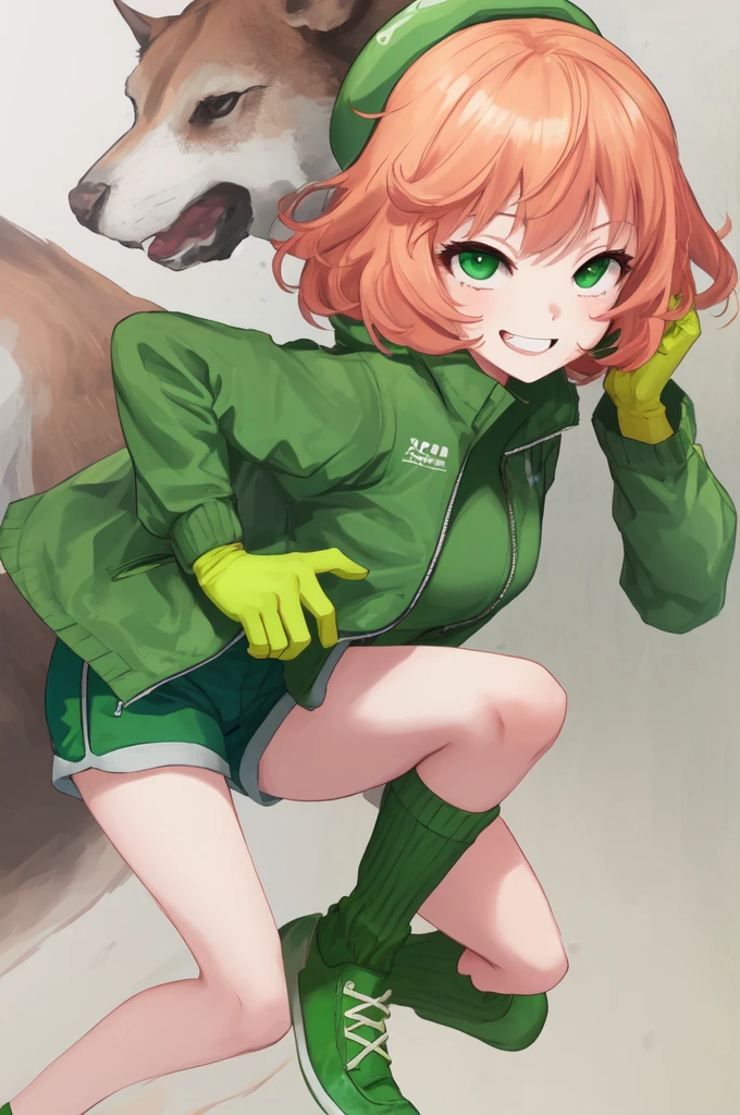 Konami,One girl,smile, View your viewers, Green jacket, gloves, Green shorts,Green footwear, masterpiece,Highest quality,ahegao,motion_Line,