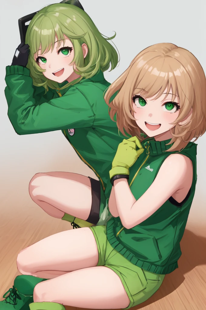 Konami,One girl,smile, View your viewers, Green jacket, gloves, Green shorts,Green footwear, masterpiece,Highest quality,ahegao,motion_Line,