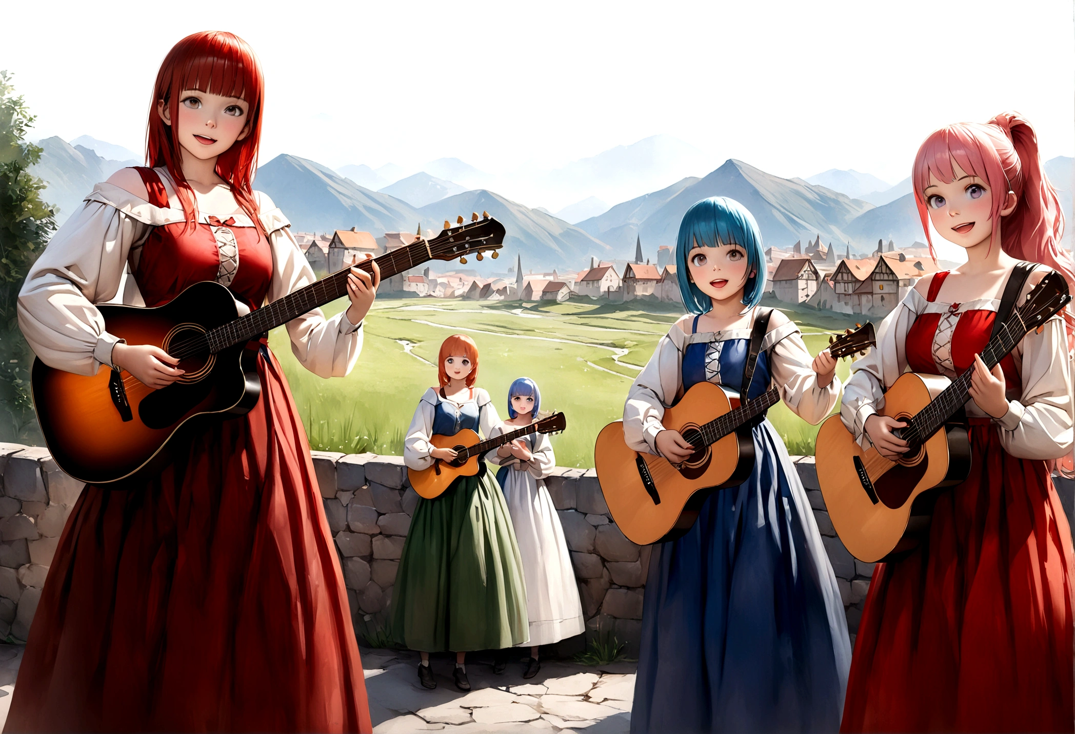 (((Top quality, 4k, 8k, high resolution, masterpiece: 1.2))), (super detailed), (realistic), (photorealistic), (photorealistic: 1.37), (HDR, UHD), (studio (lighting)), ultra-fine drawing, sharp focus, physically based rendering, highly detailed, professional, vibrant colors, perfect ditaile hand, highly detailed realistic eyes, girl, one girl, multiple girls, A lot of girls,  smile, open mouth, close mouth, short hair, medium hair, medium length, long hair, ponytail, red hair, blue hair, blonde hair, green hair, pink hair, medieval European clothing, Citizen's Clothing from Medieval Europe, miniskirt, mid-length skirt, long skirt, chinos pants, (((Girls playing guitar, Dancing Girls))), Medieval European town, Countryside, Medieval European rural village, Rural grassland, Mountain view, Rural river, Irrigation canal, anime, cartoon, kawaii, qute, (((Long shot, Panorama, Distant view, Vast landscape))), knees, feet,  looking at viewer, 