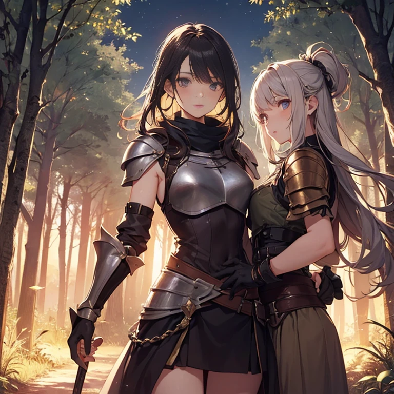 A group of  female medieval fantasy adventurers, (in forest), various hair styles, harem, night, details face, short skirt, seducing, sleeveless, armor 