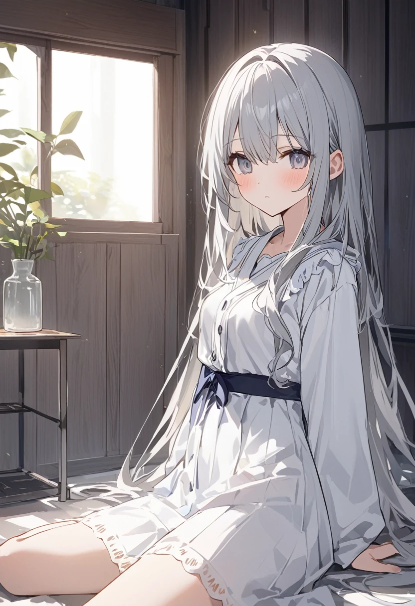 white色、white、Girl、灰色がかったwhite色の髪、white色の灰色がかった髪、髪がwhite、Grayish colored hair、Long Hair、目の色はwhite色、whiteの目、white色の目、目の色が全てwhite、全体的にwhite色のGirl、white色のGirl、背景がwhite、white色の背景、white色の部屋、There are highlights on the eyes、Emotionless、Expressionless、get up、good morning、Happened