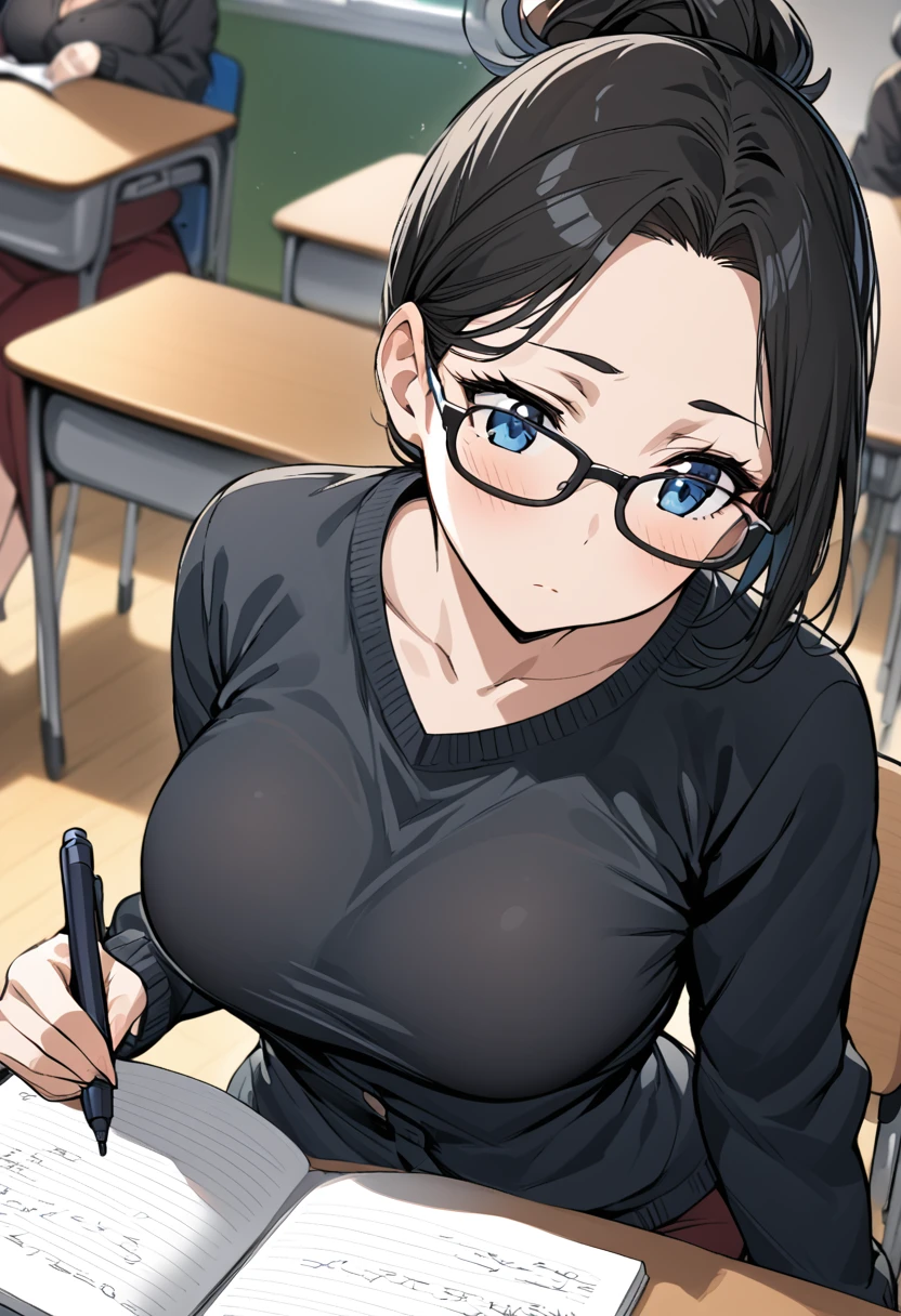 Adult female, highly detailed, glasses, short and messy black hair tied back, blue eyes with black pupils, focused, college classroom during lecture, black cardigan, perfect eyes, expressive eyes, high quality, walking, busty, sitting, writing one-handed, expressionless, mysterious, above