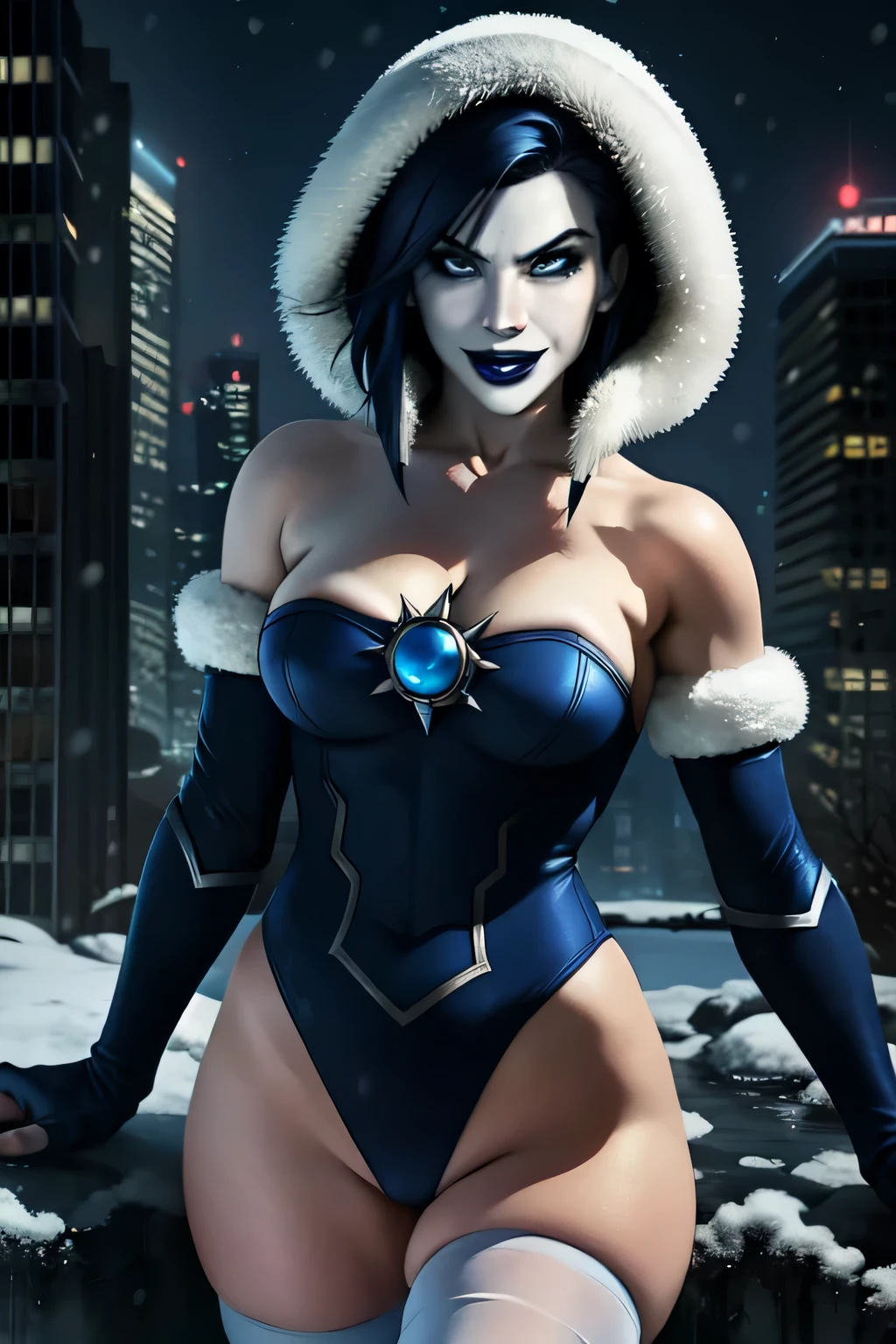 KillerFrost,short dark blue hair, solo, blue eyes, blue lips, blue skin,
KFattire,elbow gloves,thighhighs,fur trim,bridal gauntlets,thighs,boots,detached sleeves,blue leotard,collarbone,
standing, upper body, evil smile, midriff, cleavage, white cape,
ice park, Gotham city, night, snow,
(insanely detailed, beautiful detailed face, masterpiece, best quality)