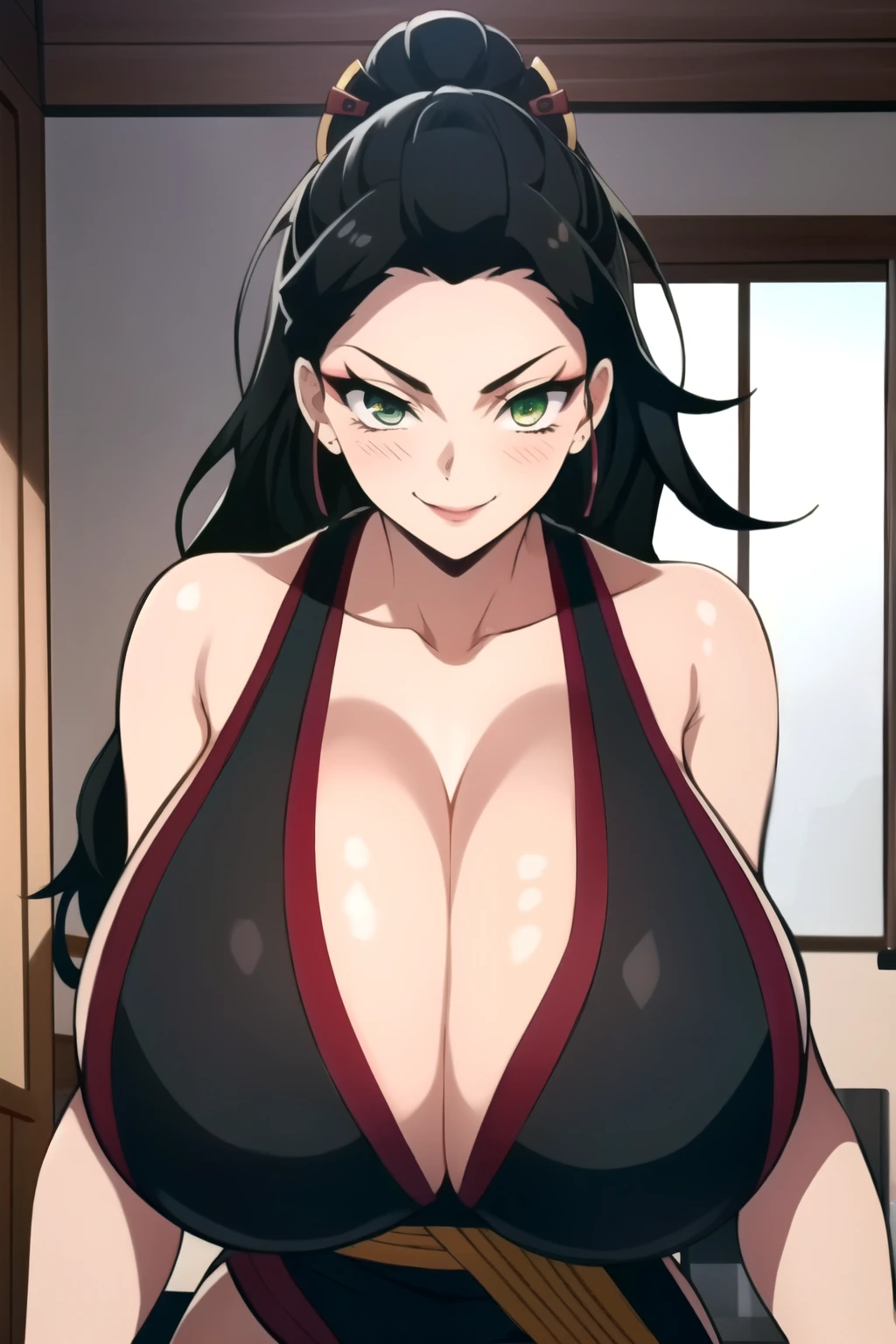 (masterpiece, best quality),  intricate details,
1girl,    daki-demonslayer, daki-def, daki-black,, daki-eyes
indoors, japanese room,  IncrsSlitPupil, slit pupils, cleavage, smiling expression, intense gaze, dynamic pose, indoor, palace, vibrant colors, digital art, high-resolution, professional quality, gigantic breasts, curvy, cowboy shot, (gigantic breasts: 1.4), (green eyes:1.1)