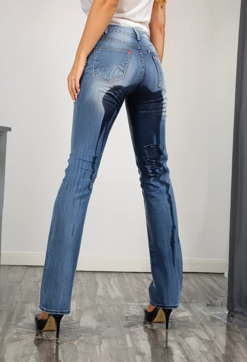 attractive blonde woman wearing flared leg jeans, platform pumps, white blouse, standing in an office, wetting, big smile, pee stains are gleaming wet, jeans soaked with pee, full view