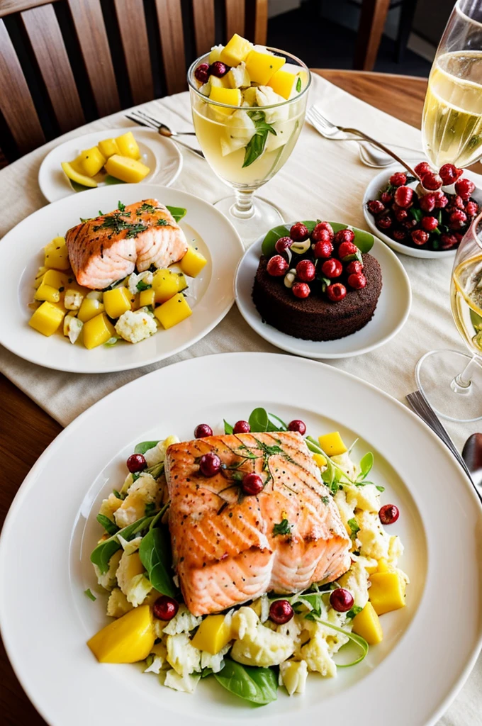 Set Up for this luxury lunch:
- Hors d'oeuvres: Beef carpaccio with arugula and parmesan.
- Prohibited: Prawn salad with mango vinaigrette.
- Bottom Plate: Baked salmon fillet with truffle mashed potatoes.
- Dessert: Chocolate cake with red berries.
- Drinks: Chardonnay white wine and mineral water.