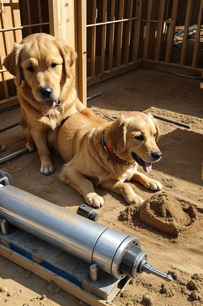 A golden retriever on a drill working on the construction site while going into labor in a $100000000 fortress 