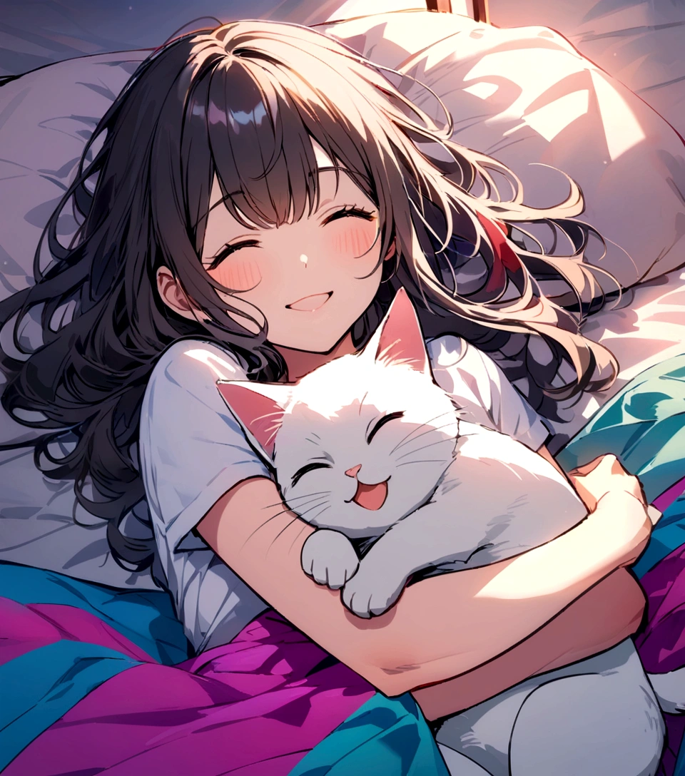 hug my cat in bed, while we sleep hugging each other smiling and covering ourselves with the colorful sheet
